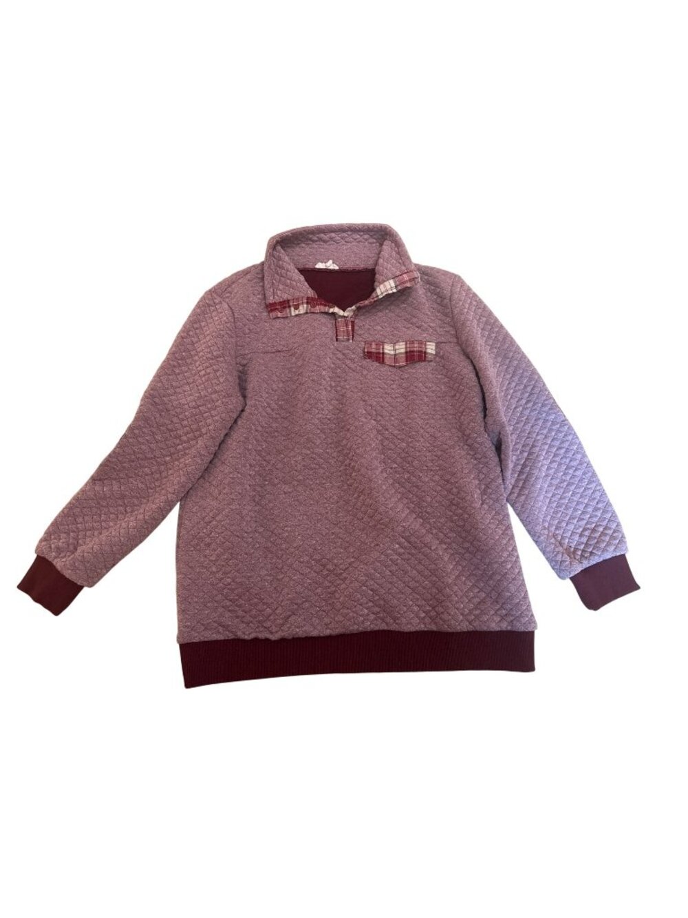 Oddy Anthropologie Top Quilted Sweater 2XL Plaid Burgundy Plaid Elbow Patches